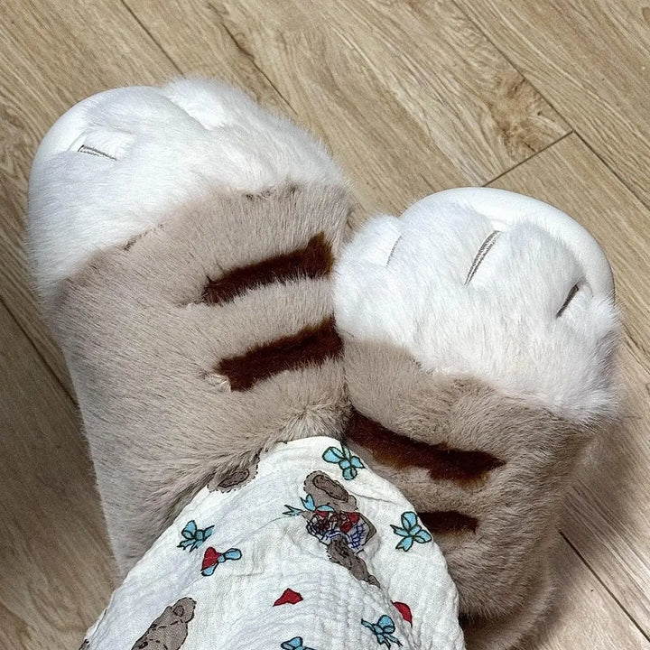 Warm cozy unisex slippers - cat-paw plush design, plush faux fur, indoor winter wear