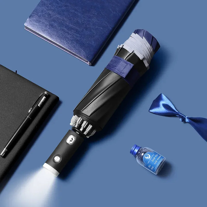 Fully Automatic Folding Waterproof Umbrella with LED Flashlight and UV Sunshade for Rain and Wind Resistance