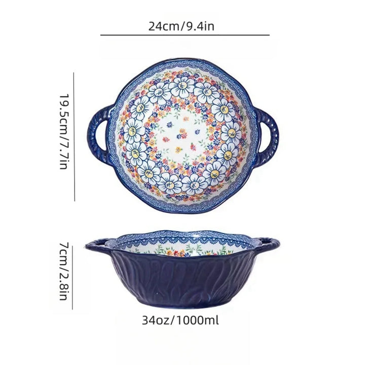 Ceramic Soup Bowl Bohemian Handle Embossed Microwave