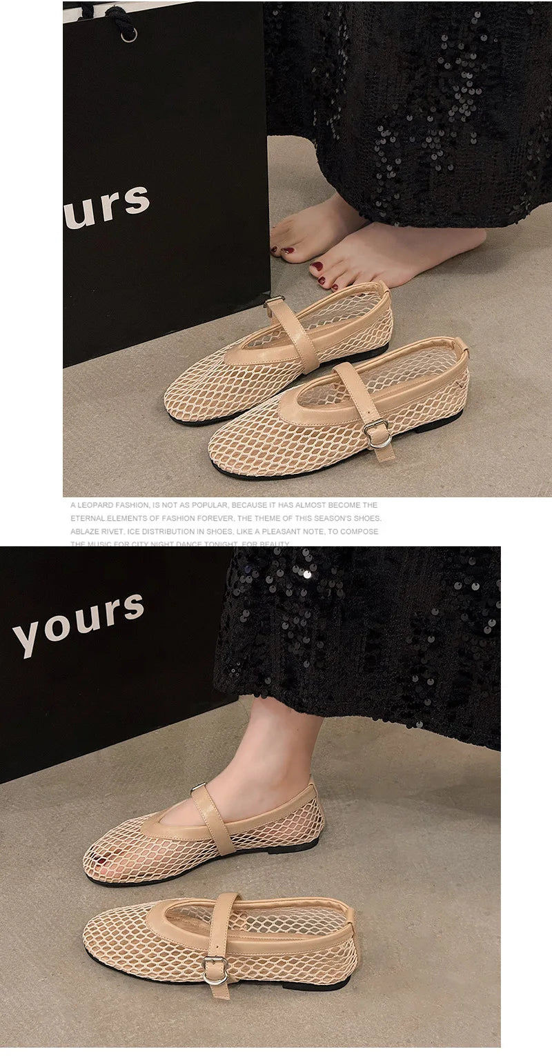 Breathable Women Mesh Ballet Flats - Strappy Round Toe