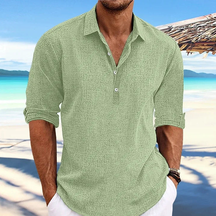 Cotton Linen Long Sleeve Casual Beach Shirt - Turn-Down Collar Social Blouse for Streetwear