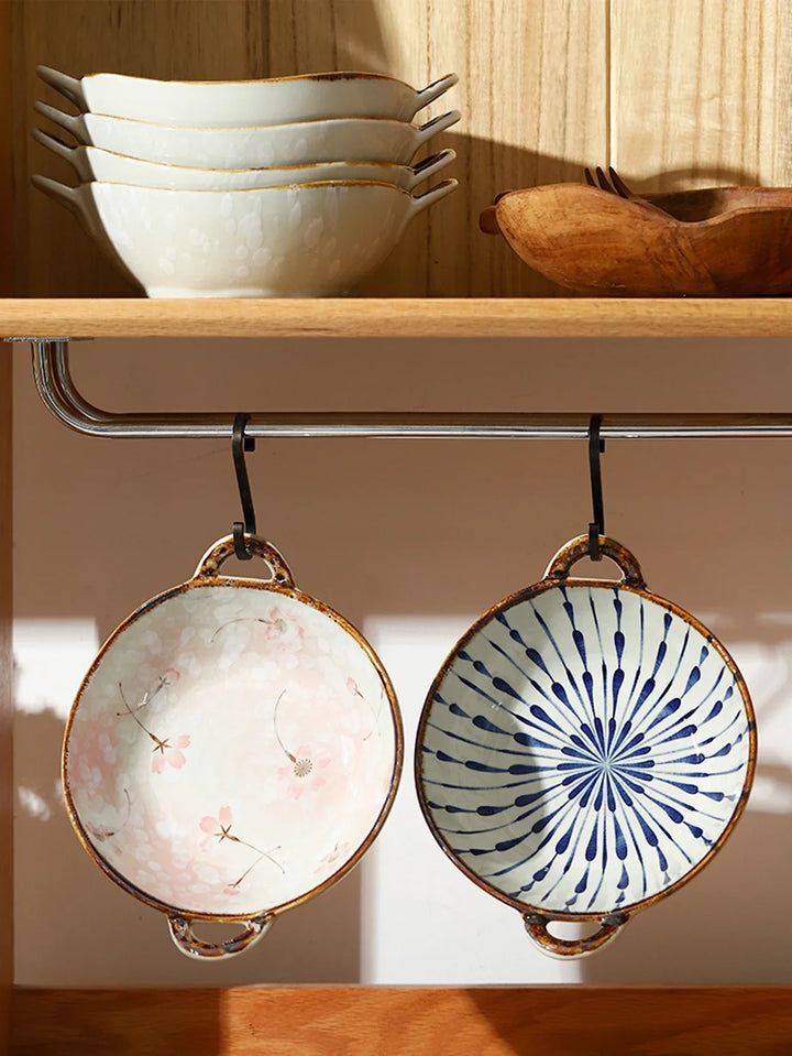 Ceramic 7.5 Inch Noodle Bowl With Handles Floral Porcelain