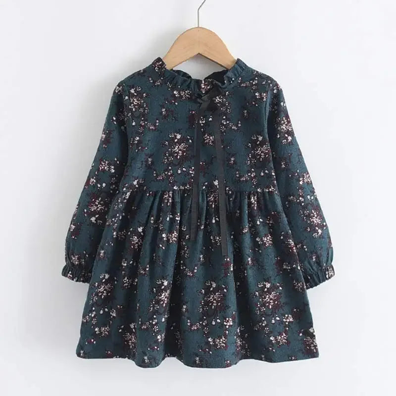 Soft Girls Dress - Long-Sleeve Knee-Length Floral Print, Cotton, For Casual Wear