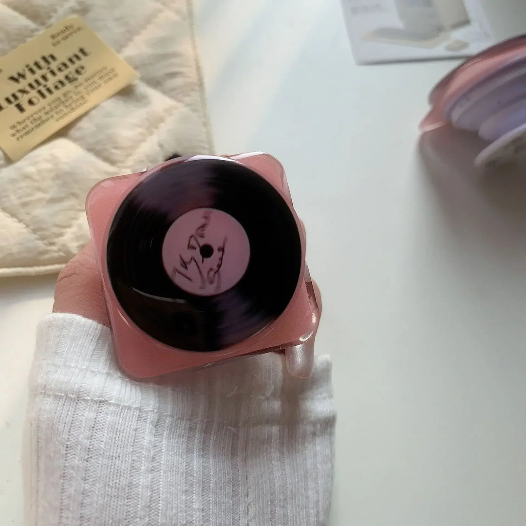 Adorable Rotatable Pink Vinyl Record Phone Holder Stand - Lazy Desktop Accessory for iPhone &amp; Android