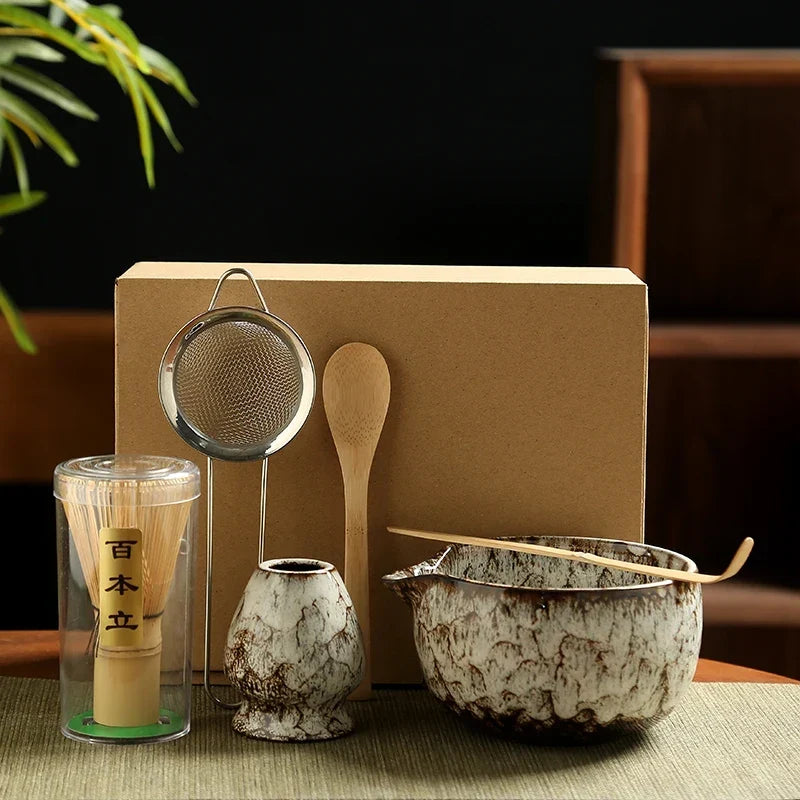 Matcha Tea Set Ceramic Bowls With Bamboo Whisk 6 Piece
