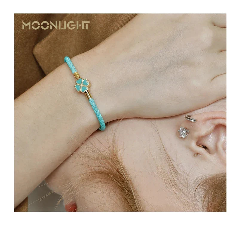 Four Leaf Clover Braided Leather Lucky Bracelet Gift