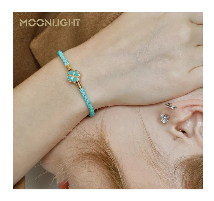 Four Leaf Clover Braided Leather Lucky Bracelet Gift
