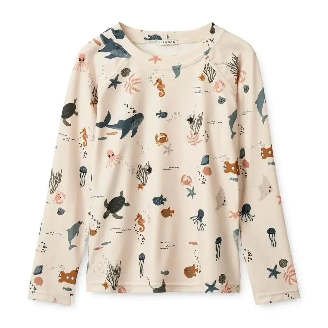 Quick-dry Kids’ Swimwear Set – Rash Guard &amp; Hat, Nylon, Cartoon Seagull Star Print, Beach Holidays