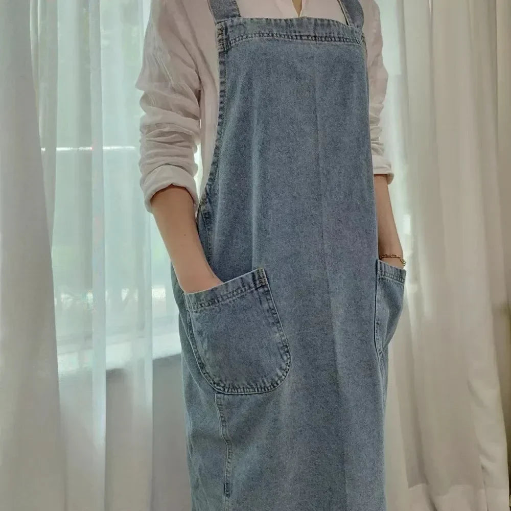 Denim Apron Washed Cotton Canvas Korean Dress Apron Fall 2025 Kitchen Garden Cooking Apron With Pockets
