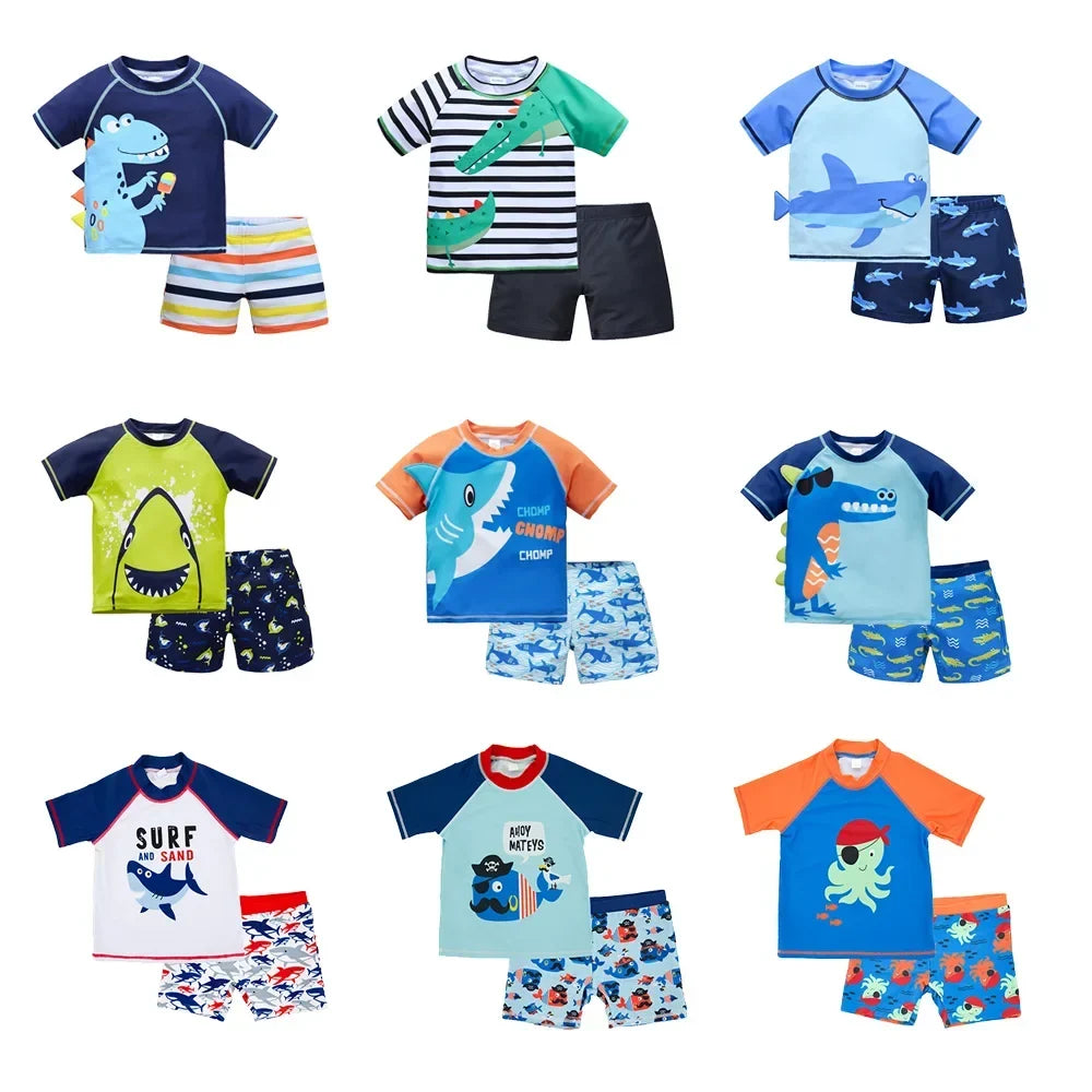 Quick-Dry Boys Swimwear - Two-Piece Cartoon Print Set, Polyester/Nylon/Spandex, Summer Beachwear