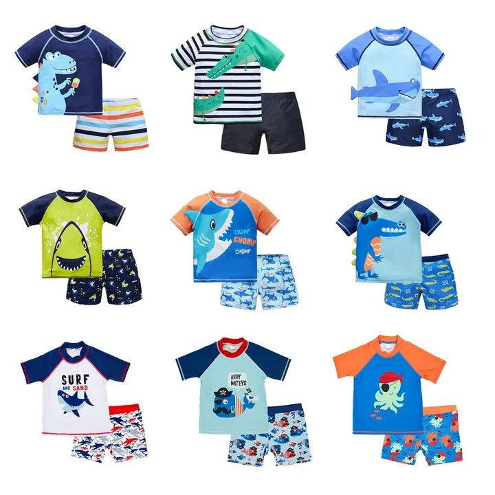 Quick-Dry Boys Swimwear - Two-Piece Cartoon Print Set, Polyester/Nylon/Spandex, Summer Beachwear