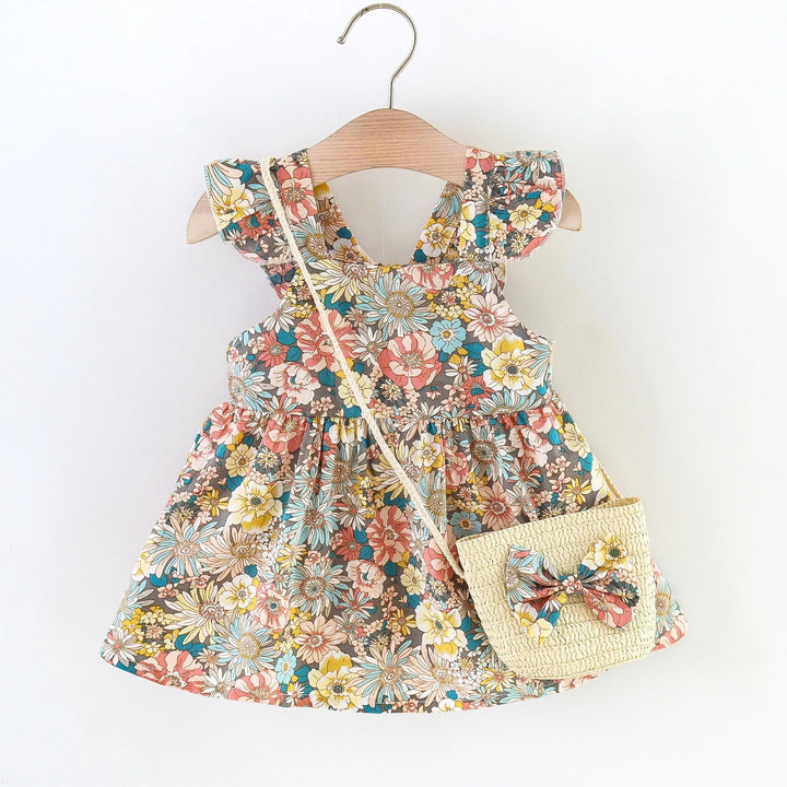 Soft Baby Girl Dress - Classic Floral Flutter Sleeves, Polyester, With Crossbody Bag, For Ages 0-3