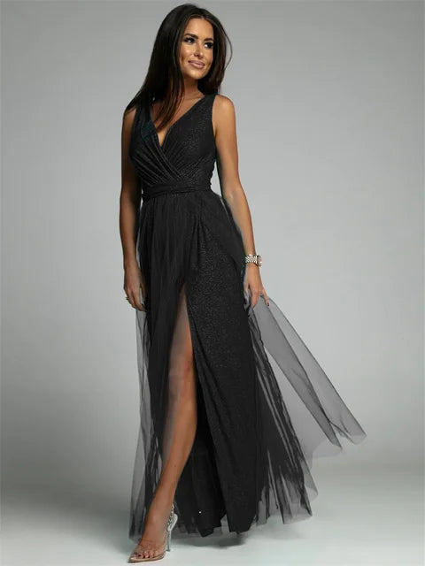 Elegant V-Neck Sleeveless Dress with Slit Hem, Plus Size Formal Wedding Guest Cocktail Dress