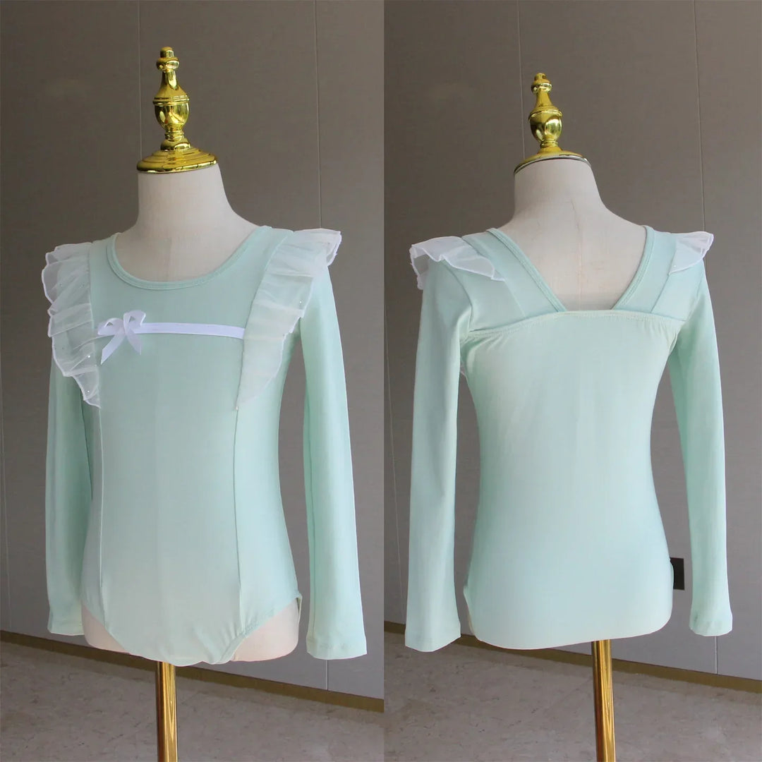 Lightweight girls ballet leotard set - puff-sleeve top, tulle tutu skirt, polyester, for dance class