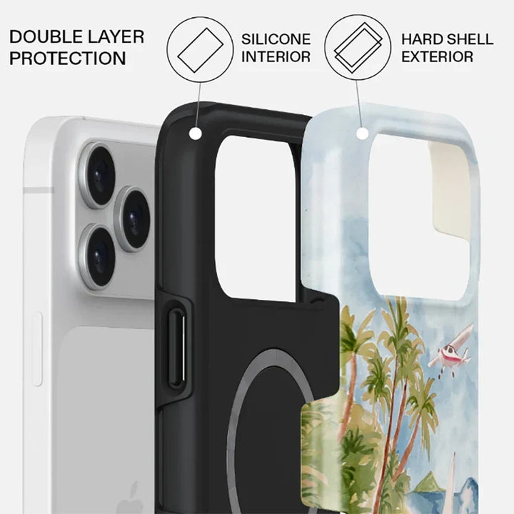 Tropical Ocean Double-Layer iPhone Case - PC TPU Cartoon Design Washable Cover for iPhone 11 to 17