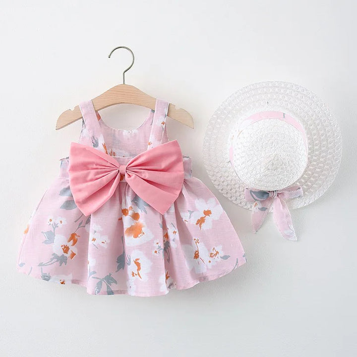 Soft baby girls dress - sleeveless, floral bow-embellished, cotton-polyester blend, for summer outings