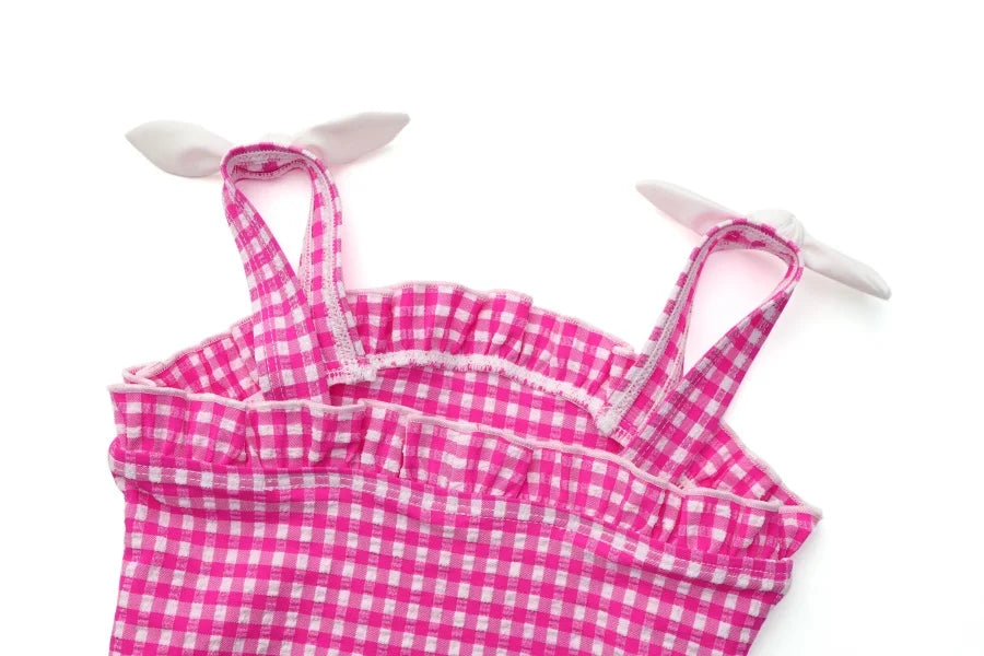 Quick-Dry Unisex Kids Swimsuit - One-Piece Gingham Plaid, Polyester, For Summer Vacation
