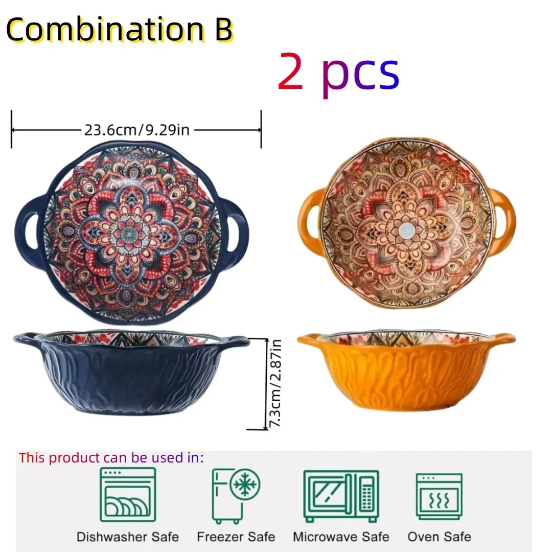 Ceramic Soup Bowl Bohemian Handle Embossed Microwave