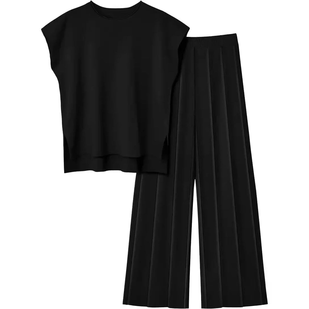 Soft Relaxed Women’s Two-Piece Pant Set – Sleeveless Round-Neck Knit Top, High-Waist Wide-Leg Pants For Summer