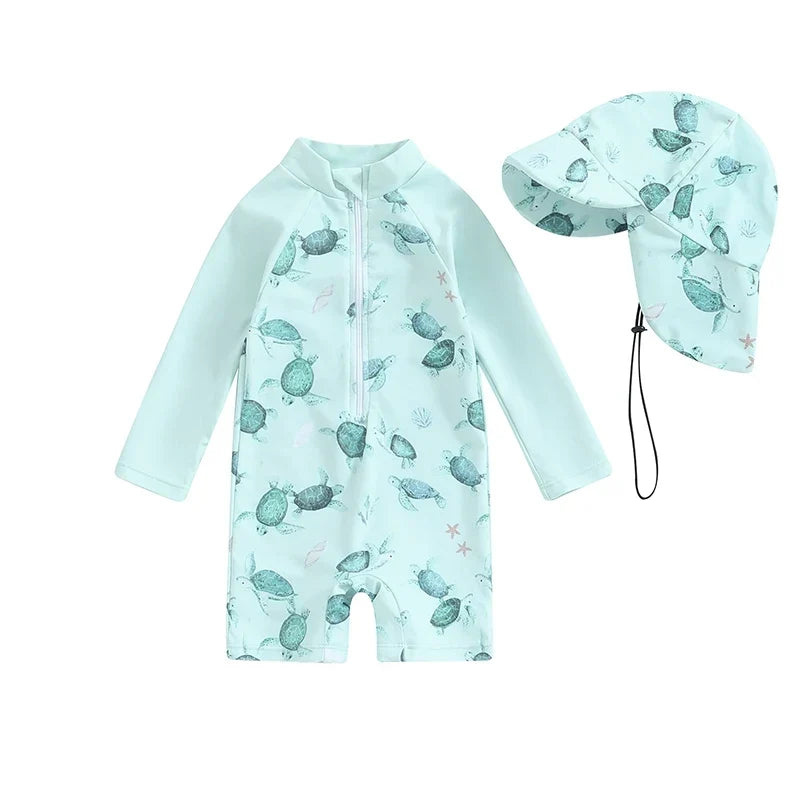 Lightweight Toddler Boys Rash Guard Swimsuit - Long Sleeve, Turtle Print, Polyester, Beachwear