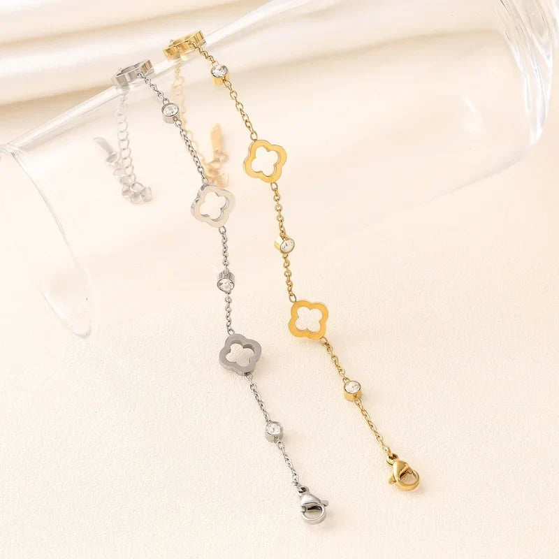 Clover Flower Stainless Steel Bracelet Set Gold Gift