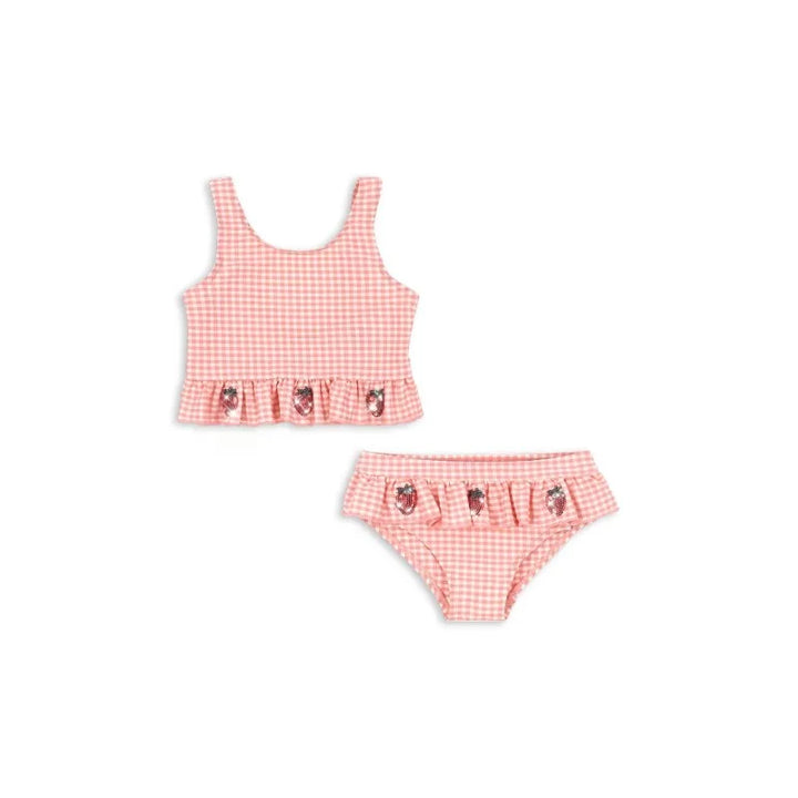 Lightweight Girls Swimsuit – long sleeve one-piece, plaid print, strawberry sequin accents, polyester, nylon, for summer