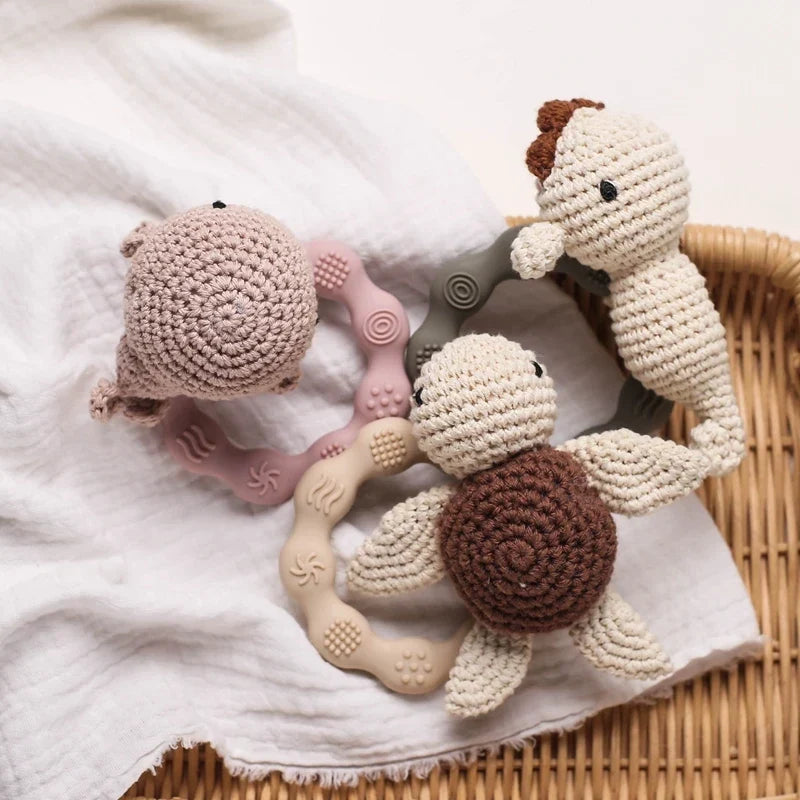 Crochet Bear Teether Rattle Ring Newborn Sensory Toys