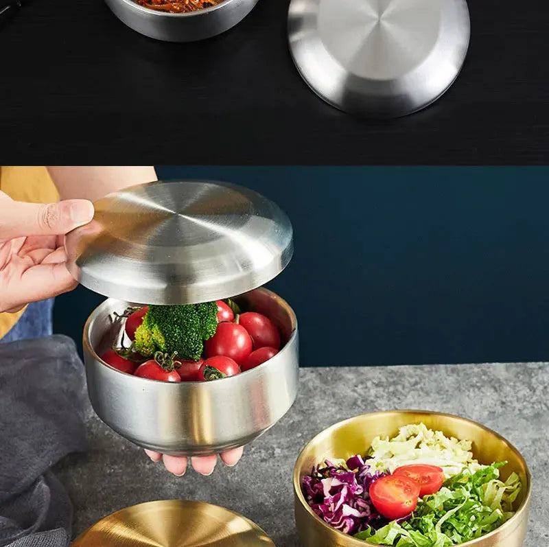 Stainless Steel Double Layer Rice Bowl With Lid Insulated