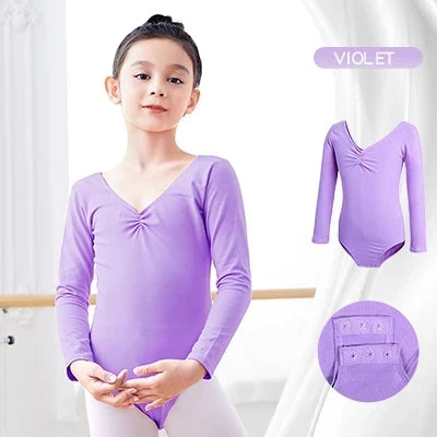 Soft Girls Ballet Leotard – Long Sleeve, Chest-Drawstring, Cotton, For Dance Class