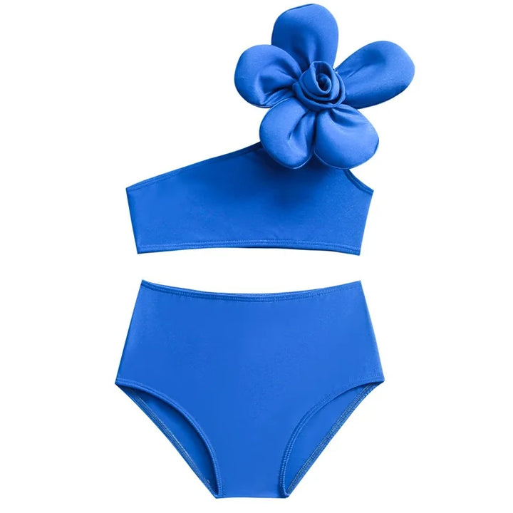 Lightweight girls’ bikini swimsuit set – durable one-shoulder flower top, cotton-polyester, for beach days