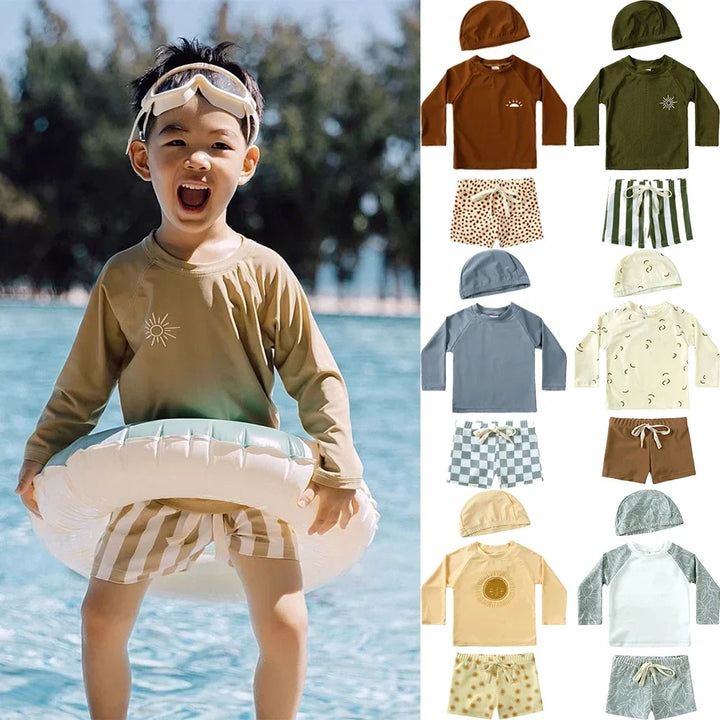 Breathable Kids Rash Guard Swim Set – Long-Sleeve Top, Swim Pants, Hat, Polyester Elastane, Beach Vacation