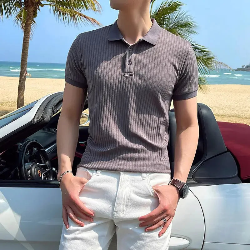 Breathable Silk Mesh Mens Polo Shirt, Short Sleeve with Ribbed Collar, Lightweight and Stylish for Summer