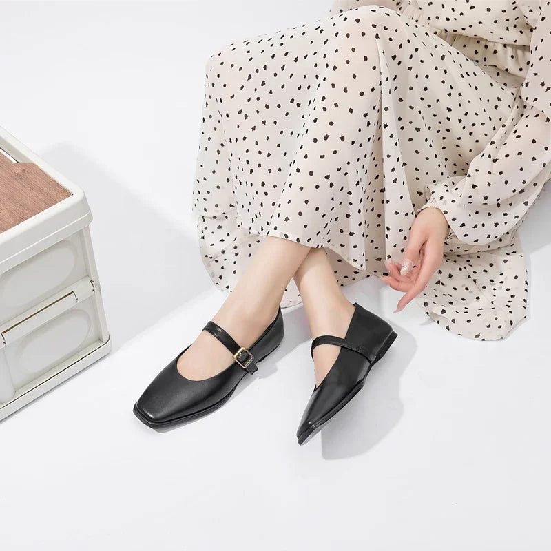 Supportive Women Mary Jane Flats - Square Toe, Leather