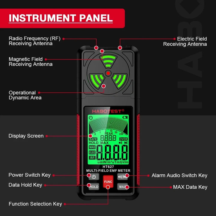 Portable 3-in-1 EMF Meter with LCD Display for Electromagnetic Radiation Detection, High-Precision Sensor, and Multiple Measurement Modes
