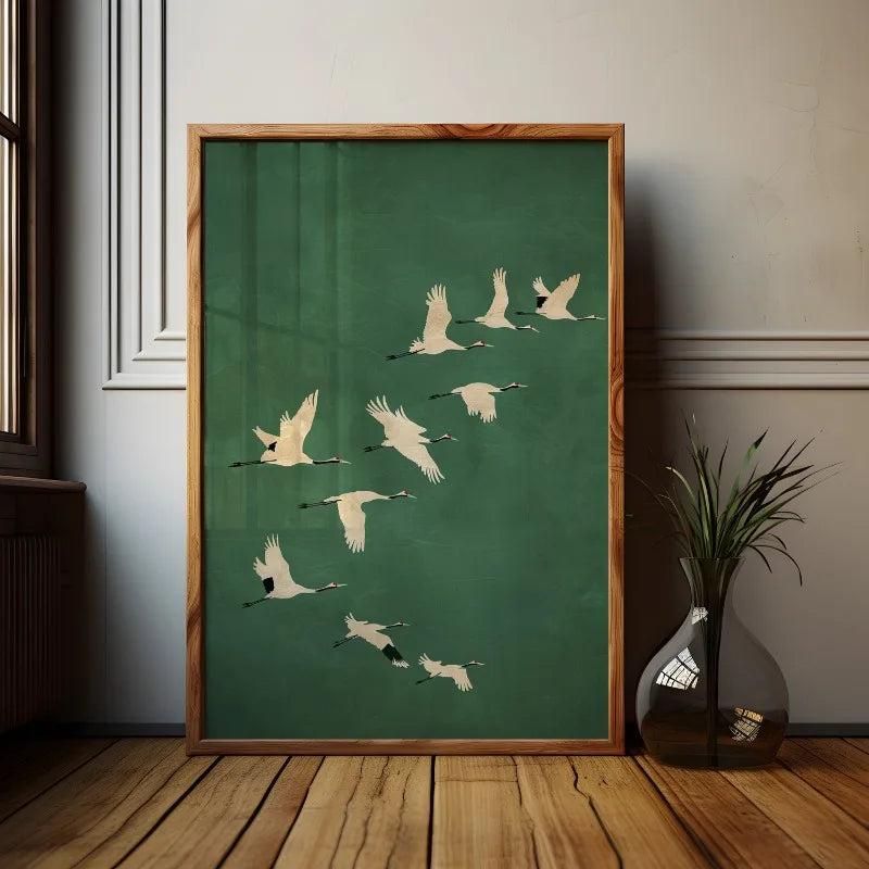 Cranes Wall Art Emerald Green Canvas With Gold Accents