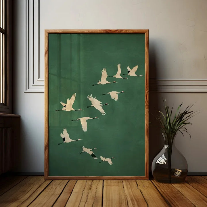 Cranes Wall Art Emerald Green Canvas With Gold Accents