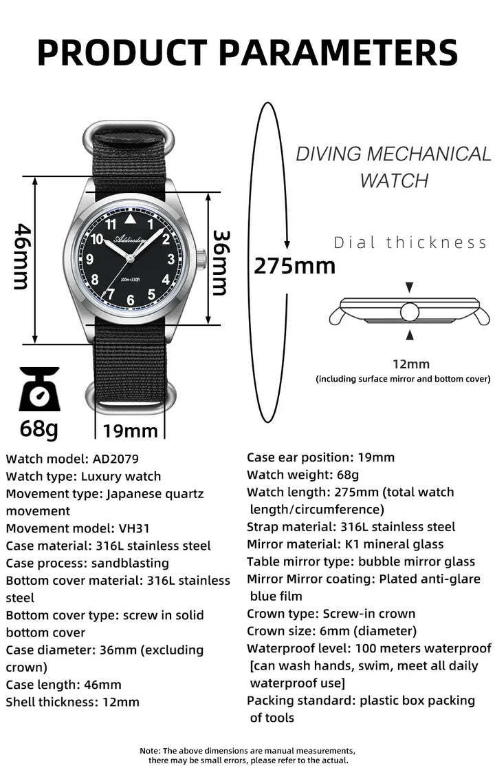 Waterproof Diver Quartz Watch Luminous Hands, Nylon Strap, 100m Water Resistance