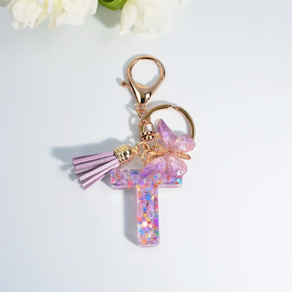 Sequin Letter Keychain With Butterfly Tassel Charm
