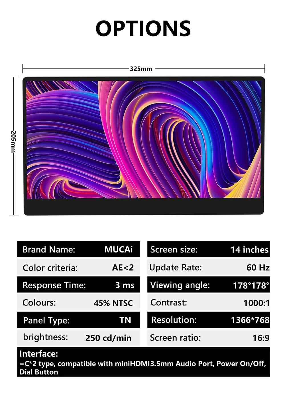 Portable Monitor 14 Inch 60Hz Travel Display With Speakers