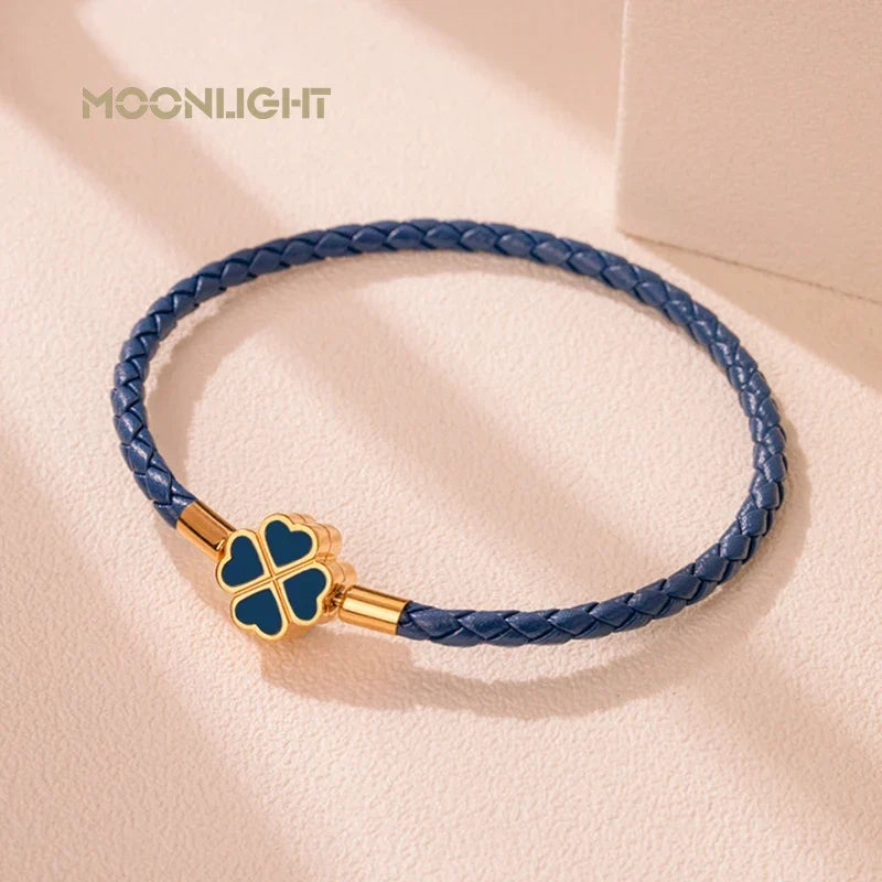Four Leaf Clover Braided Leather Lucky Bracelet Gift