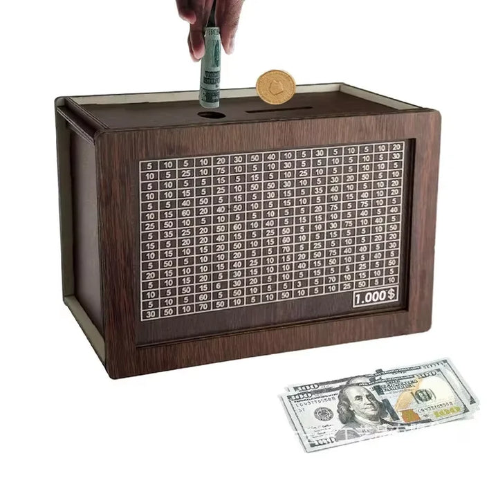Money Wood Box Piggy Bank with Saving Goal for Kids