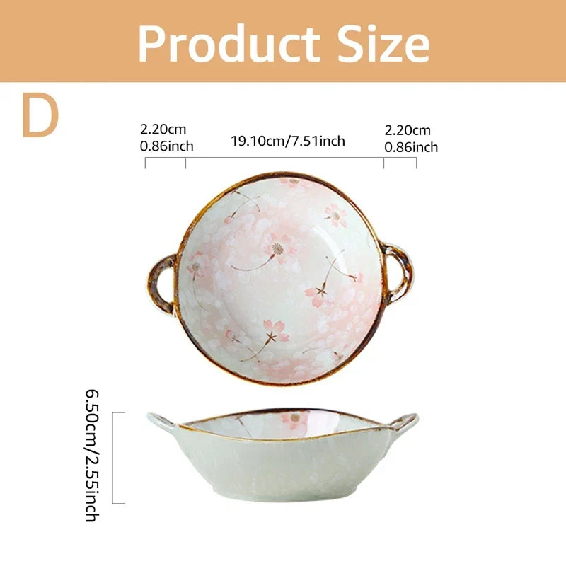Ceramic 7.5 Inch Noodle Bowl With Handles Floral Porcelain
