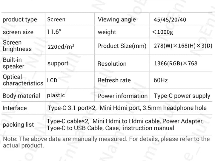 Portable 11.6 Inch HDMI Monitor 1366x768 Gaming Display