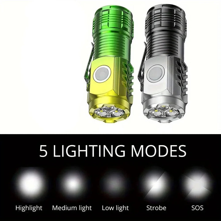 Tactical LED Mini Flashlight - USB Rechargeable 5 Modes Work Light for Hiking, Camping, Car Repair, Portable Torch with Clip &amp; Magnet