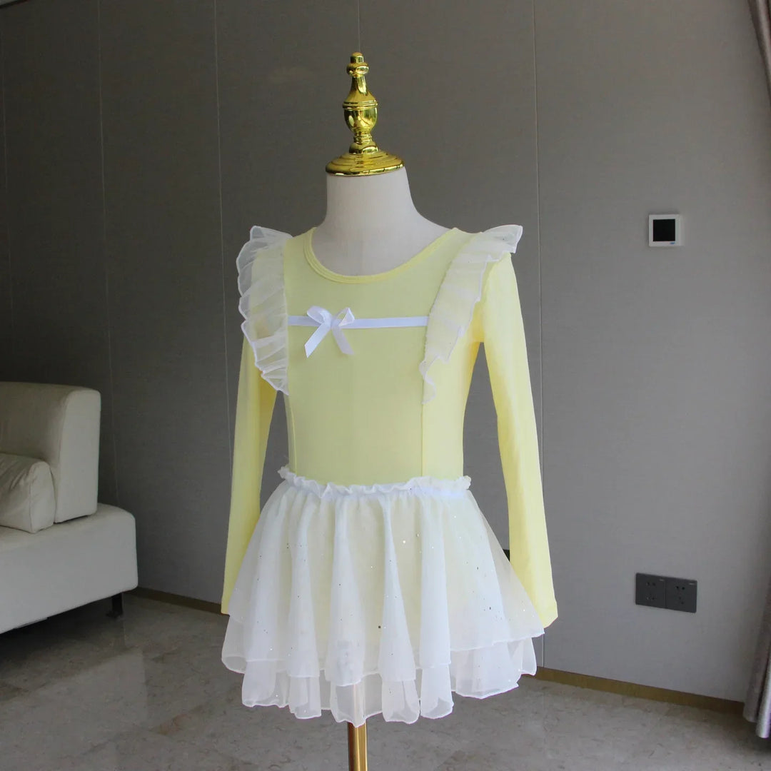 Lightweight girls ballet leotard set - puff-sleeve top, tulle tutu skirt, polyester, for dance class