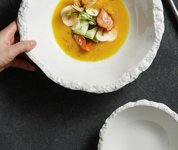 White Porcelain Rock Edge Soup Bowl Modern Tableware
