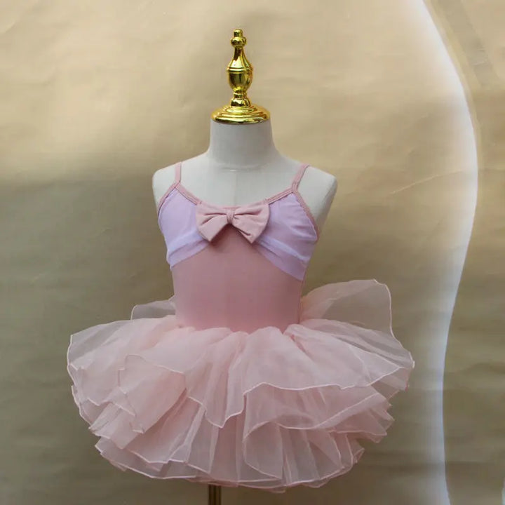 Lightweight girls ballet leotard set - puff-sleeve top, tulle tutu skirt, polyester, for dance class