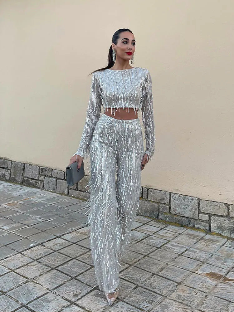 Elegant Ladies Crop Top Set with Matching Pants, Soft Breathable Fabric, Flattering Fit for Summer Fashion, Casual Outings and Festivals