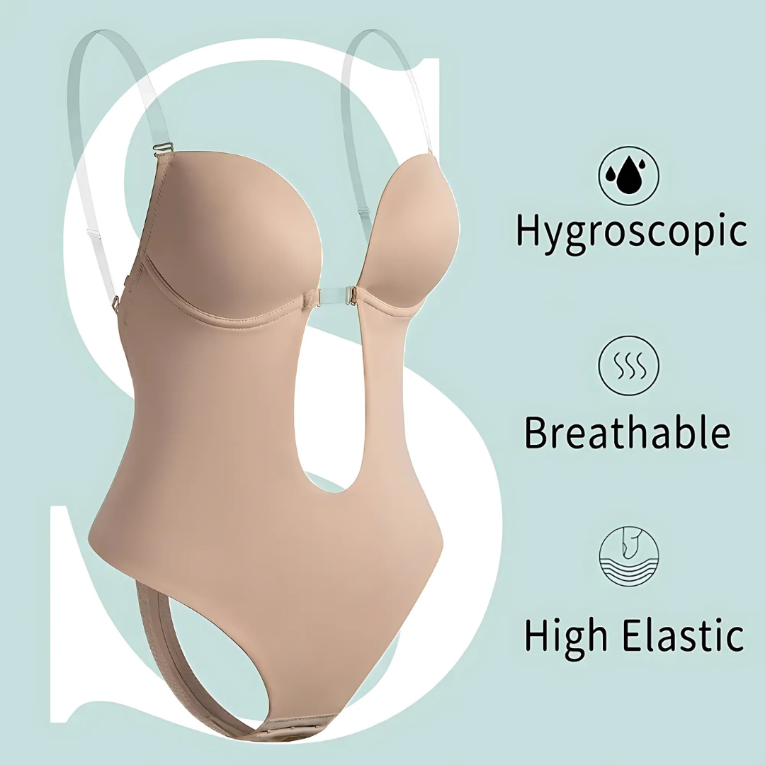 Low-Cut Seamless Black Shapewear Bodysuit with Adjustable Straps and Built-in Bra Pillow for Enhanced Support