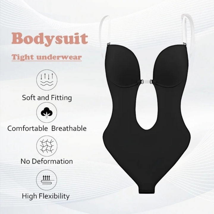 Low-Cut Seamless Black Shapewear Bodysuit with Adjustable Straps and Built-in Bra Pillow for Enhanced Support